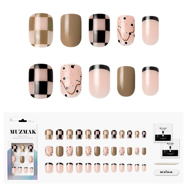 MUZMAK Reusable Press on Nails Long Medium Short Coffin Almond 36Pcs Red Fake Nails Kit Full Cover Pink French Black Kids nail Green (Egg Milktea(Regular Square))