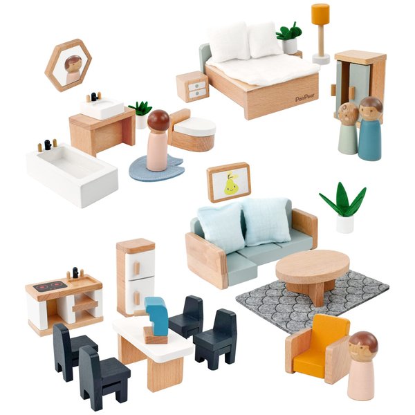 PairPear Wooden Toys Dollhouse Furniture Playset,35 Piece Furnitures with Family Dolls,Doll House Accessories Pretend Play Gift for Girls and Boys 3 Year and Up