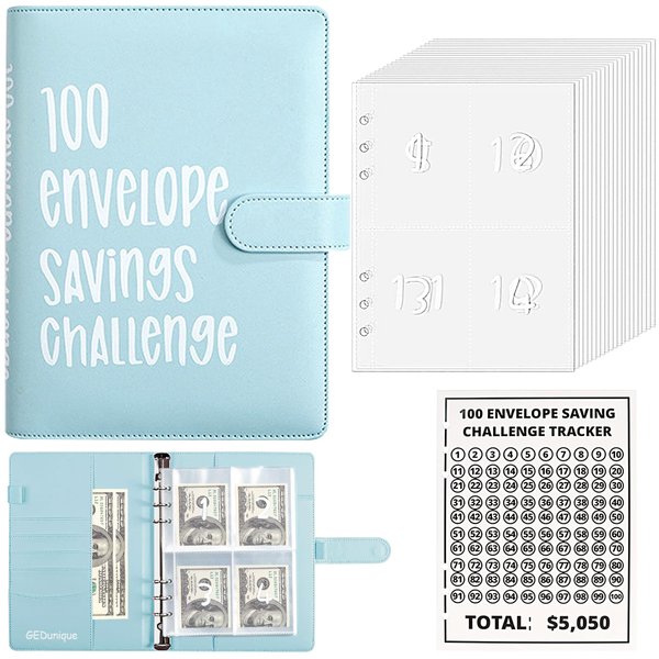 GEDunique 100 Envelope Challenge Binder, Easy and Fun Way to Save $5,050, 2023 Savings Challenges Budget Book Binder with Cash Envelopes for Budgeting Planner & Saving Money Blue