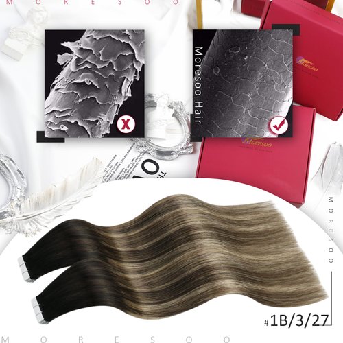 Moresoo Tape in Hair Extensions Ombre Human Hair Tape in Extensions Balayage Off Black to Brown Mix with Blonde Tape in Real Hair Extensions Human Hair Balayage Tape ins 18 Inch #1B/3/27 20pcs 50g