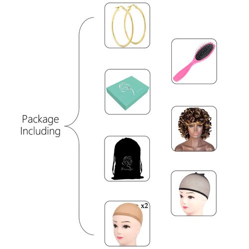 ELIM Curly Wigs for Black Women Short Kinky Curly Brown Mixed Blonde Wigs for Women Big Curly Afro Soft Wig with Bangs Heat Resistant Natural Cute Synthetic Wig with Accessories Z014MD