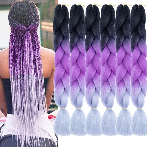 Xiaofeng Braiding Hair Extensions for Women 6 Packs 100g/Pack 24Inch High Temperature Ombre Jumbo Synthetic Braiding Hair for Twist Crochet Braids (24 Inch, black-purple red-silver gray)
