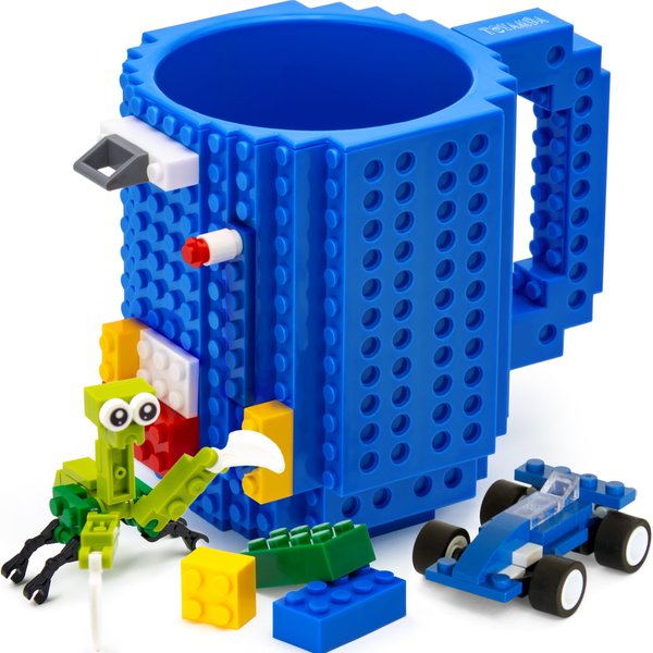 TOYAMBA Build-on Brick Mug BPA-Free Funny Mugs with 3 Packs of Building Bricks, Funny Cups for Kids - Creative Building Block Mug DIY Idea 16OZ (Blue)