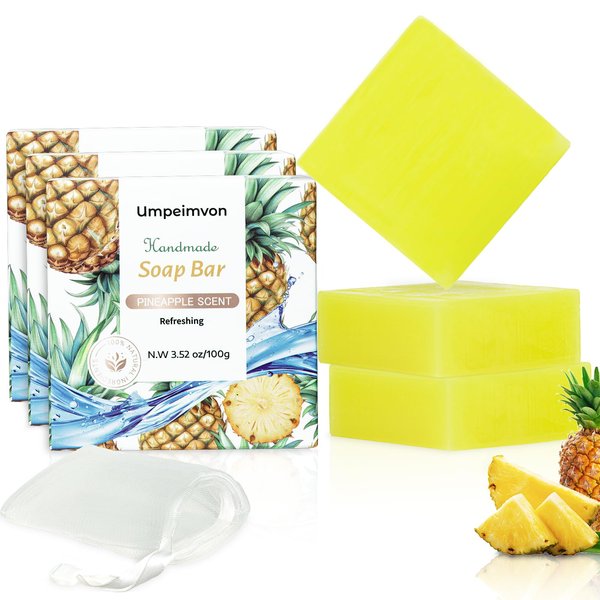Umpeimvon 3 Pack Natural Bar Soap Handmade Soap, Vitamin C & E Infused Organic Body Soap Bars for All Skin Type, Pineapple Vegan Bath Soap Bars Refresh Face Body