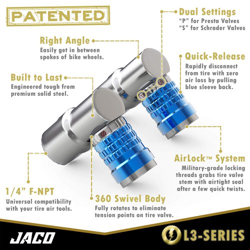 JACO Lightning Bike Tire Air Chuck (L3-Series) | Presta & Schrader Valves | Open Flow, 1/4" F-NPT (2 Pack)