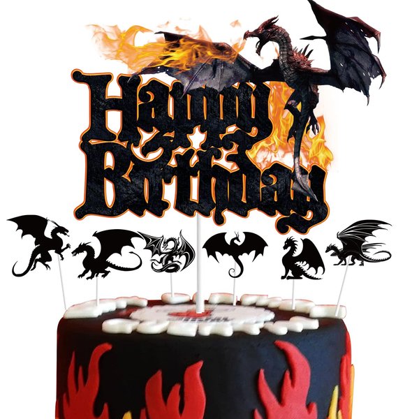 7Pcs Dragon Happy Birthday Cake Topper Sets Black Glitter Dragon Knight Theme Birthday Cake Decoration Sets Dragon Game Party Decoration Supplies Sets for Kids Boys Men