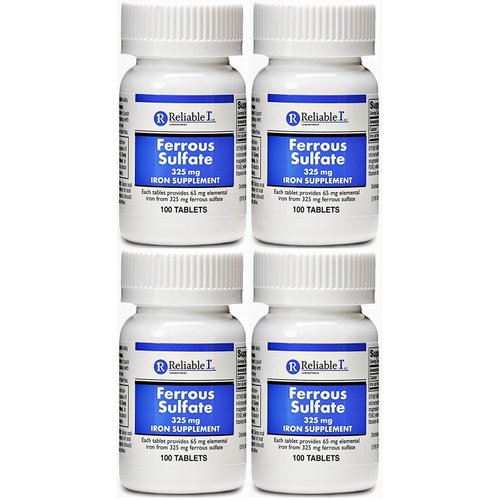 Iron Supplement Ferrous Sulfate 325mg by Reliable 1 | Iron Pills for Women and Men | Iron Supplements for Anemia and Iron Deficiency | 100 Iron Tablets per Bottle, Pack of 4