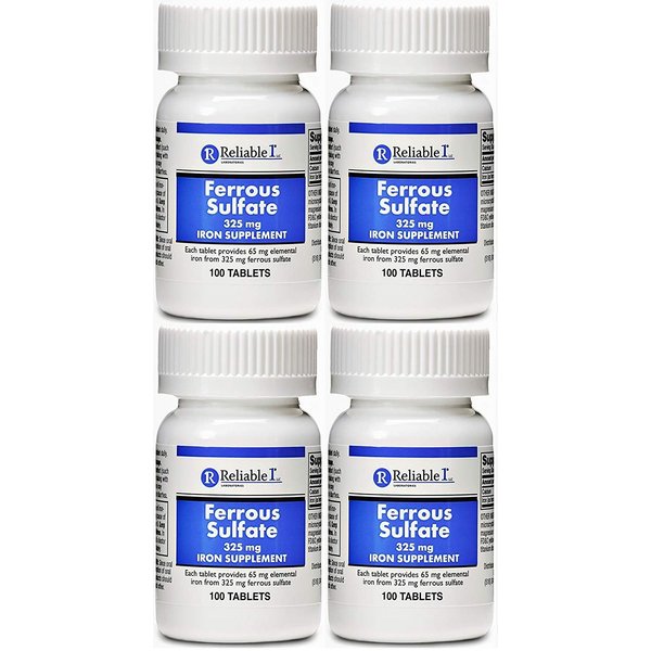 Iron Supplement Ferrous Sulfate 325mg by Reliable 1 | Iron Pills for Women and Men | Iron Supplements for Anemia and Iron Deficiency | 100 Iron Tablets per Bottle, Pack of 4