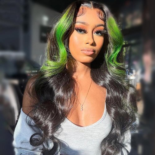 JYZ Skunk Stripe Wig Human Hair Lace Front Green Highlights Wig Human Hair Wavy 13X4 HD Lace Front Wigs Human Hair 200% Density Highlight Wigs Human Hair Pre Plucked with Baby Hair 26inch Middle Part
