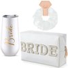 Karenhi 3 Pcs Wedding Bride Gift Set Include 6 oz Stainless Steel Wine Tumbler Bride Letter Cosmetic Toiletry Bag Silk Scrunchies Letter Patches Makeup Bag Hair Tie Wedding Gifts(Bride+Bride)