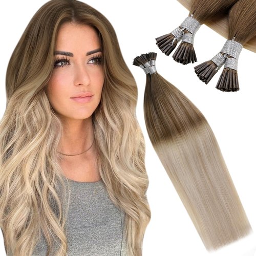 LaaVoo I Tip Hair Extensions Human Hair Blonde Itip Hair Extensions Balayage Brown to Ash Blonde with Platinum Blonde I Tip Extensions Real Human Hair Straight 14" 40g 50s
