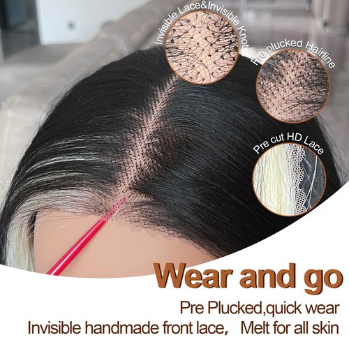 Skunk Stripe Lace Front Wig, 6x5 Wear and Go Glueless Body Wave Synthetic lace front Wigs, 26Inch Pre Plucked Pre Cut HD Lace Frontal Wig With Hair (Skunk Stripe, 6x5)