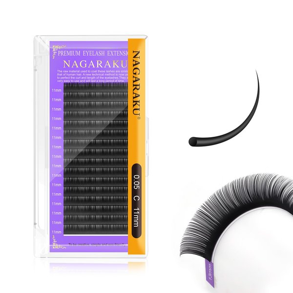 NAGARAKU Eyelash Extensions Individual Lashes 0.05mm C curl 11mm Classic Matte Black Soft Natural Professional 16 rows Beauty Salon Supplies