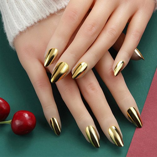 24Pcs Gold Chrome Metal Press on Nails Glossy Shine False Nails Gel Glue on Nails Sparkly Mirror Medium Almond Manicure Art Acrylic Fake Nails Stick on Nails with Chrome Design for Coquette Women