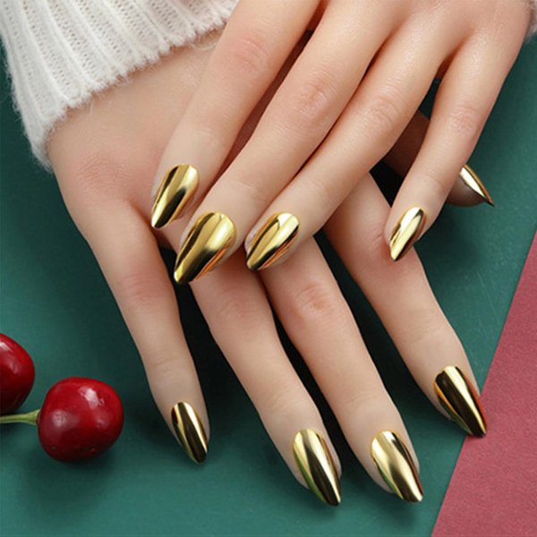 24Pcs Gold Chrome Metal Press on Nails Glossy Shine False Nails Gel Glue on Nails Sparkly Mirror Medium Almond Manicure Art Acrylic Fake Nails Stick on Nails with Chrome Design for Coquette Women