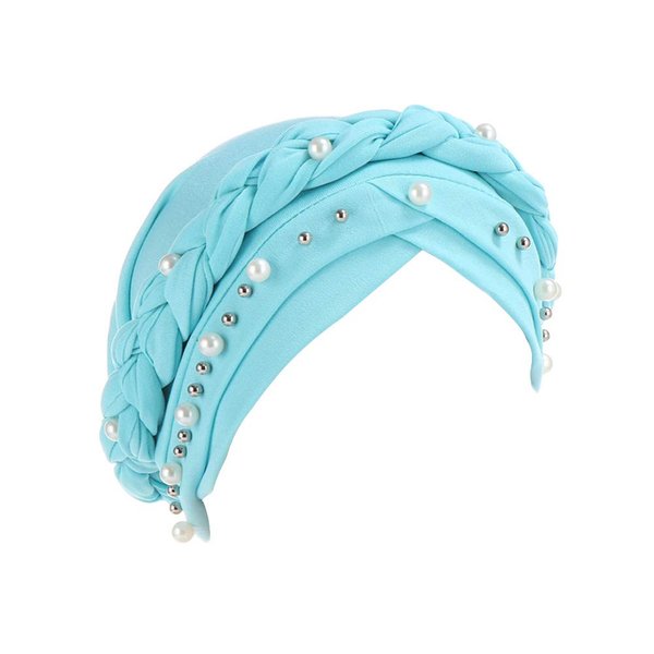 Fxhixiy Women Hijab Beading Pearl Braid Turban Hat Head Scarf Cancer Chemo Beanies Bandana Headwrap Cap (Lake Blue)