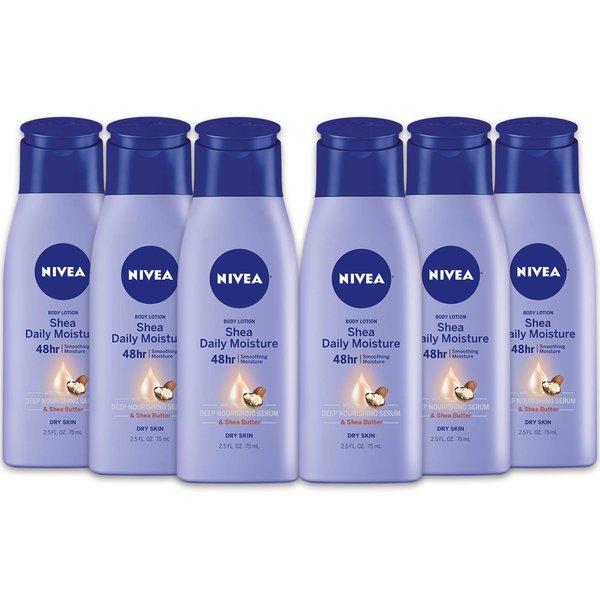 NIVEA Shea Nourish Body Lotion, Dry Skin Lotion with Shea Butter, Pack of 6, 2.5 Fl Oz Travel Size Toiletries