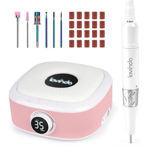 Lavinda 35000RPM Electric Nail Drill, Professional Nail Drill Machine High Speed E File Acrylic Nail Drill with 6PCS Nail Drill Bits Manicure Pedicure Polishing Shape Tools for Salon Home Use, Pink