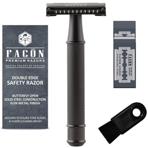 50 BLADES + Facón Vintage Long Handle Double Edge Safety Razor - Platinum Japanese Stainless Steel Blades - Butterfly Open Shaving Razor for Smooth Wet Shaving Experience - 200+ Shaves