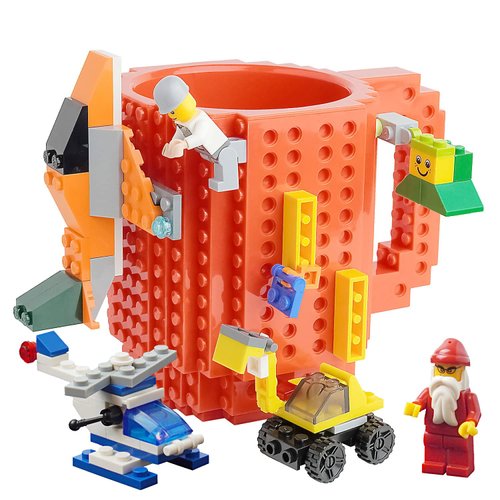 Tmango Build-on Brick Mug with 3 Pack of Character Blocks, DIY Building Blocks Coffee Mug, Puzzle Cup for Creative Kids, Men or Women Xmas Birthday Gift (Red)