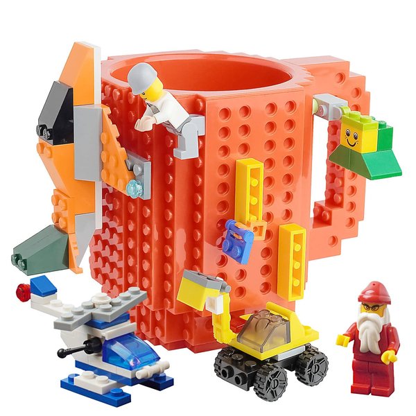 Tmango Build-on Brick Mug with 3 Pack of Character Blocks, DIY Building Blocks Coffee Mug, Puzzle Cup for Creative Kids, Men or Women Xmas Birthday Gift (Red)