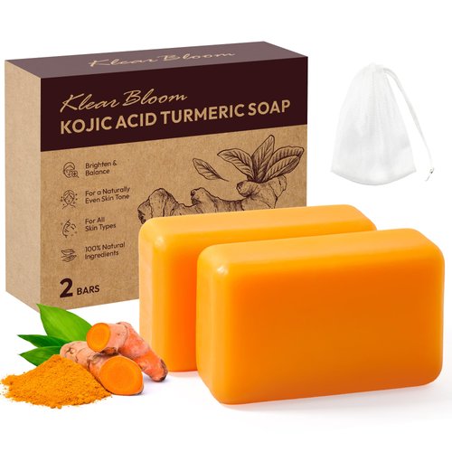 KlearBloom Kojic Acid Soap, Turmeric Soap Bar for Dark Spots Brightening & Moisturizing with Collagen, Vitamin E, Retinol, Hyaluronic Acid, Shea Butter, Paraben & Sulfate-Free 105g x 2 Bars