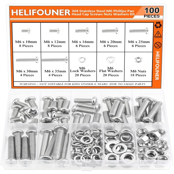 HELIFOUNER 100 Pieces M6 x 10mm /12mm /16mm /20mm /25mm /30mm /35mm, Phillips Pan Head Machine Screws, Metric Screws Bolts Washers Nuts Kit, 304 Stainless Steel