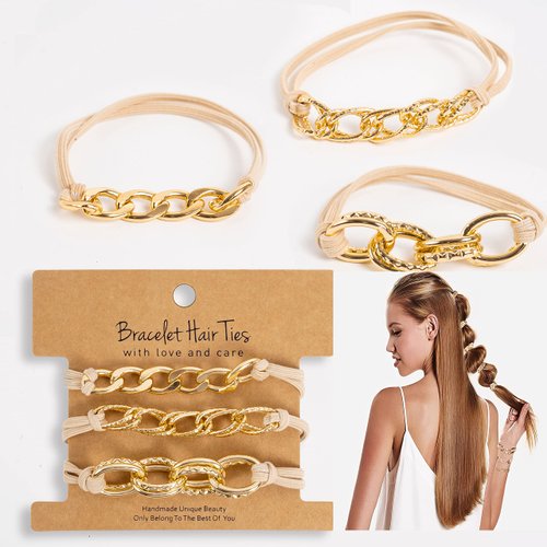 Gold Bracelet Hair Ties With Gold Elastics Hair Ties- 3 PCS Gold Hair Tie Bracelet, Bracelet Hair Ties for Women, Cute Hair Ties Looks Awesome On Your Wrist and Hairs -Hair Tie Bracelets that Holds