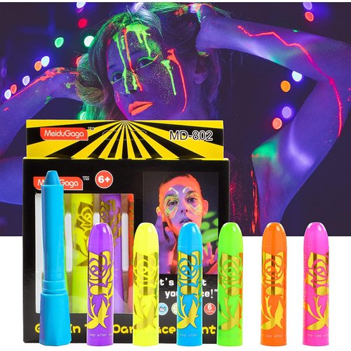 6 Pcs Glow in The Black Light Body Face Paint, Face Painting Kit, UV Crayons Kit Fluorescent Body Paints for Adults for Birthday Party Halloween Masquerade Makeup Outdoor for Kids