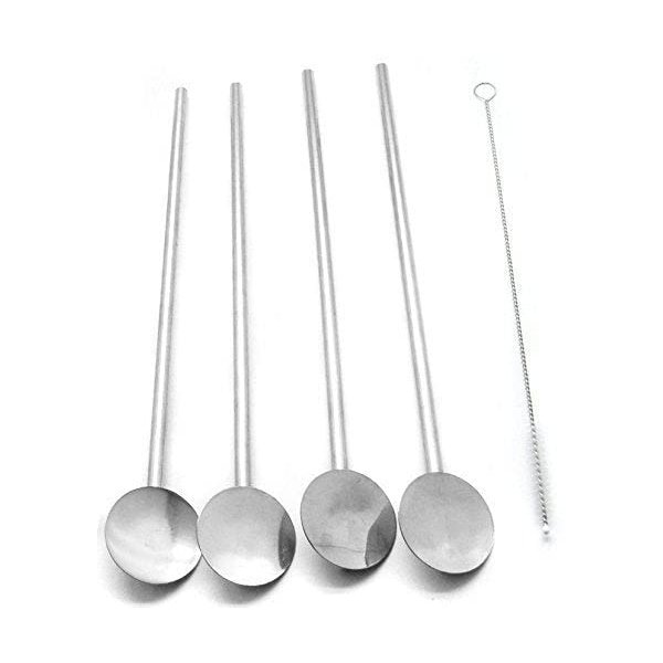 4 Spoon Straws Stirrer Stainless Steel 4 Pack + Cleaning Brush Drinking Straws Metal Reuseable Drinking Mixing Cocktail Eco Friendly Green