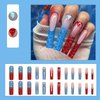 IMSOHOT Square Press on Nails Extra Long Fake Nails French Tips Acrylic False Nails with Blue Red Bubbles Gradient Designs Rhinestone Full Cover Glossy Glue on Nails 24Pcs