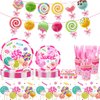 71 Pcs Candyland Party Supplies, Candy Tableware Set Serves for 8 Guests, Candy Tablecloth Lollipop Plates Spoons Knives Forks Napkins for Girls Kids for Baby Shower Lollipop Birthday Party Decor