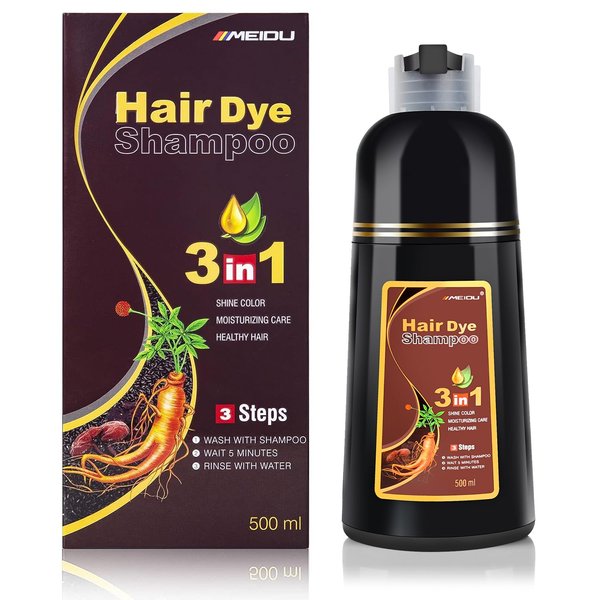 KINGMING Dark Brown Hair Dye Shampoo for Gray Hair 3 in 1 - Champu Con Tinte Para Canas- Herbal Ingredients Instant Color Shampoo Hair Dye for Women & Men 100% Coverage Shampoo 500ml【Dark Brown】