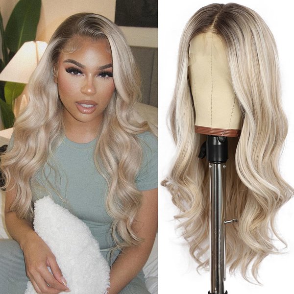 LLEI'Z Ash Blonde Short Wavy Wigs for Women, 13X4 Highlight Synthetic Lace Front Blonde Wigs Pre Plucked with Baby Hair Natural Looking 150% Density Heat Resistant Party Date Daily Wear Wig 22 Inch