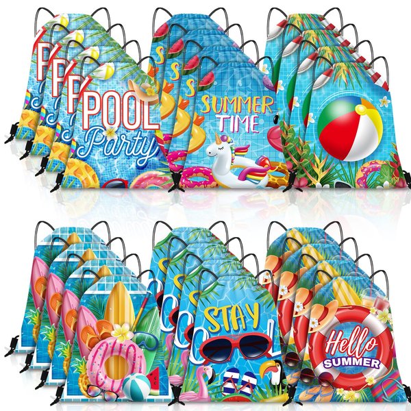 Kacctyen Pool Beach Drawstring Bags Summer Drawstring Backpack Beach Ball String Birthday Bag Pool Party Decoration(24 Pcs)