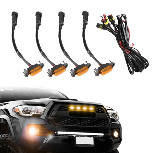 4PCS Led Amber Lights, Bright Amber light, Grill Led Lights with Wire Harness, Front Grille LED Lights, Car Accessories Waterproof LED Front Grill Lights for 2016-2019 Toyota Tacoma TRD PRO Front Gril