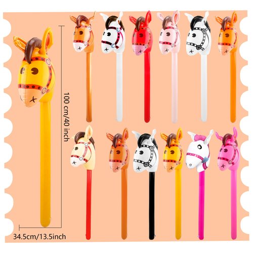 Haconba 12 Pcs 40 Inch Inflatable Horsehead Stick Multicolor Blow Up Pony Stick Balloon for Kids Birthday Horse Themed Party Supplies (Color Set 2)