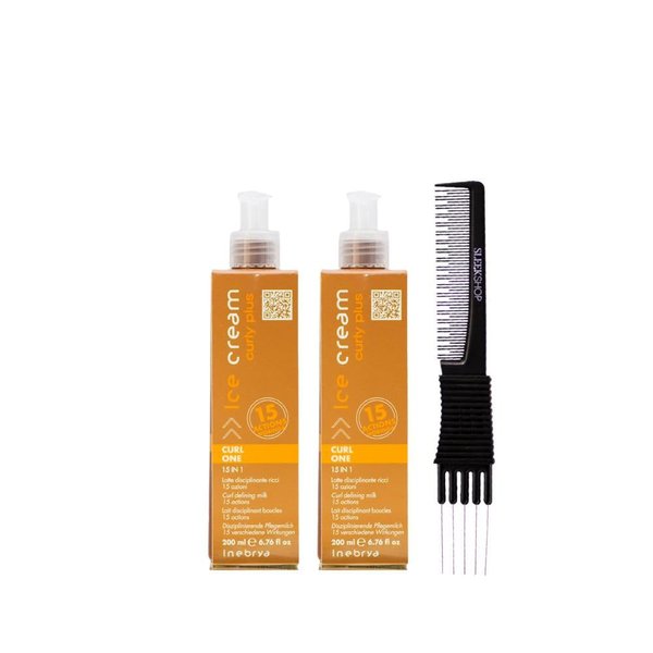 kuss Inebrya Ice Cream Curly Plus 15 in 1 Milk (6.76 oz) with Teasing Comb Pack of 2