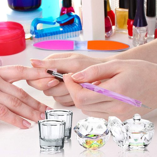 9Pcs Nail Art Brushes Dappen Dish Set for Monomer Acrylic Nail Liquid Powder: 2 Dappen Dish for Acrylic Nails with Lid & 2 Glass Nail Cup Crystal Monomer Dish & 5 Acrylic Nail Brush