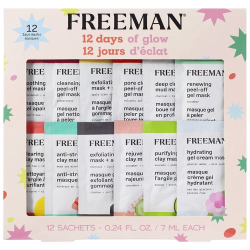 Freeman Limited Edition 12 Days of Glow Facial Mask Kit, Variety Skincare & Facial Treatment Masks, All Skin Types, Travel Size, Vegan & Cruelty-Free, 12 Piece Face Mask Gift Set