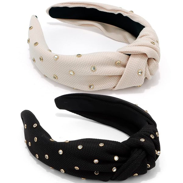 Atoden Rhinestone Knotted Headbands for Women 2Pcs Rhinestone Headband Top Knot Headbands Beaded Headband Crystal Jeweled Head Bands for Women's Hair Embellished Headbands Hair Bands Black Headband