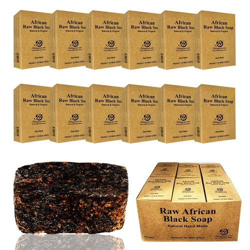 HERBOGANIC Handmade Raw African Black Soap Bar with Shea Butter and Natural Ingredients for Moisturizing Skin, Reducing Dark Spots, and Nourishing Hair - Pack of 12 (6oz)…