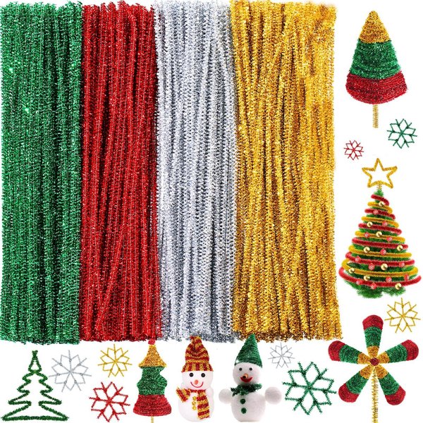 WILLBOND 400 Pieces Christmas Pipe Cleaners Craft Pipe Cleaners Glitter Chenille Stems Creative Arts Chenille Stems for DIY Craft Christmas Decoration, 12 Inches (Red, Gold, Silver, Green)