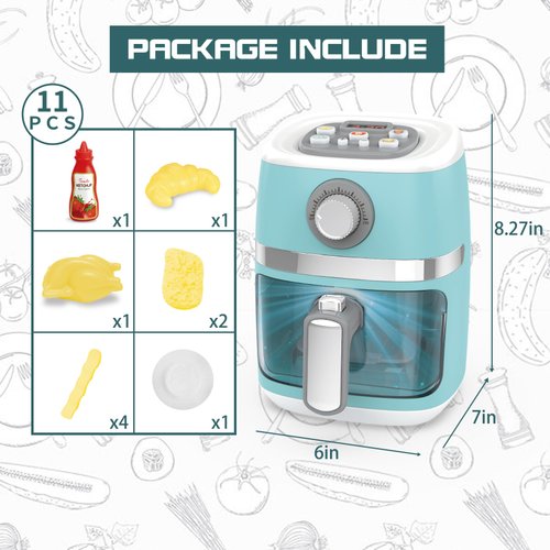 Toy Air Fryer for Kids Kitchen Playset, Chef Pretend Play kitchen Accessories with Color Changing Play Food, Cooking Game with Fries, Kids Toys with Sound & Light, Camp Kitchen Set for Toddler 3-5 5-7