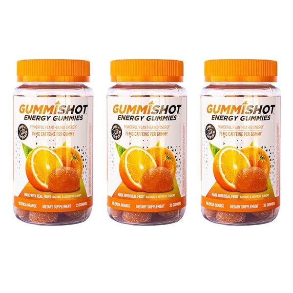 GummiShot Energy Gummies, 2475mg of Plant-Based Caffeine Chews per Bottle, Long Lasting Energy Boosters, Valencia Orange (33ct), Pack of 3