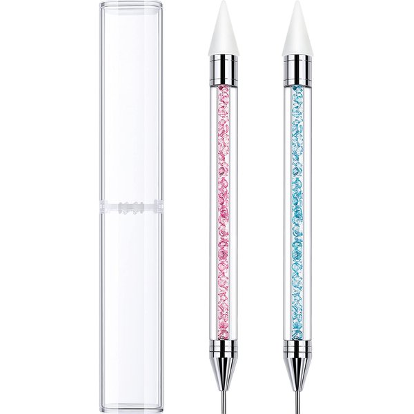 2 Pieces Rhinestone Picker Dotting Pen, Dual-ended Rhinestone Gems Crystals Studs Picker Wax Pencil Pen Crystal Beads Handle Manicure Nail Art DIY Decoration Tool (Light Blue Pink)