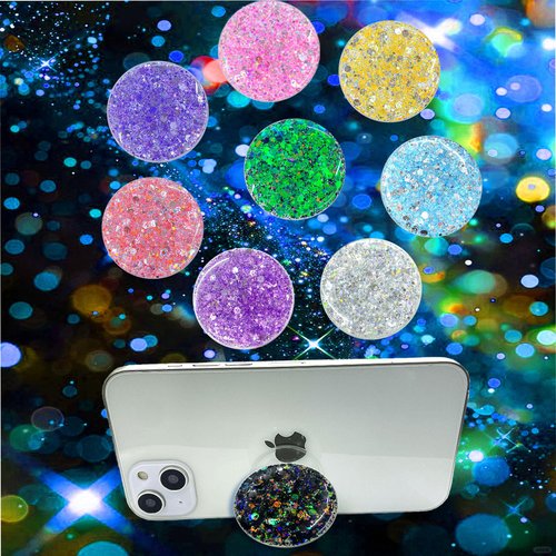 EOQIFJM Universal Cell Phone Stand Compatible with for iPhone Grip Holder, 360° Rotation-Transparent Sparkling Star Drops colloidal Loose Powder (Sakura Pink)