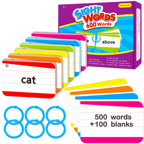 500 Dolch & Fry Sight Words Flash Cards,50 Blank Cards 6 Rings from Pre-K to Third Grade