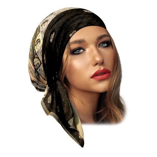 ShariRose Black Headscarf for Women Cashmere Headscarves Pre tied Head cover Head wear Head wrap Tichel Soft Ethnic Print Collection (black beige short)