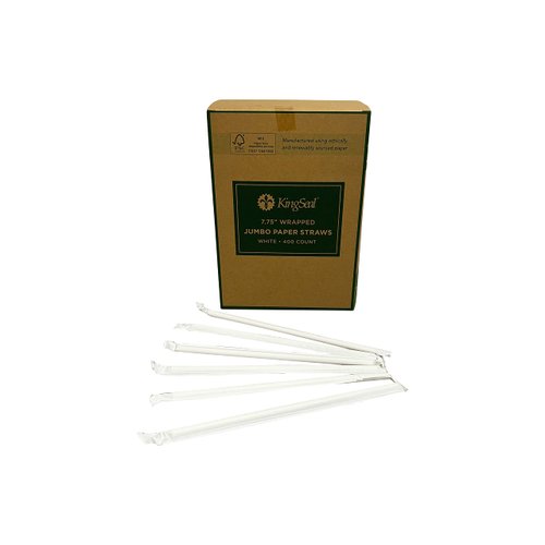 Kingseal Disposable PAPER Drinking Straws, FSC Certified, Paper Wrapped, WHITE, 7.75 Inch Length x 6mm Diameter, "Jumbo" Size, Biodegradable, Earth Friendly, Bulk Pack - 400 Count Box
